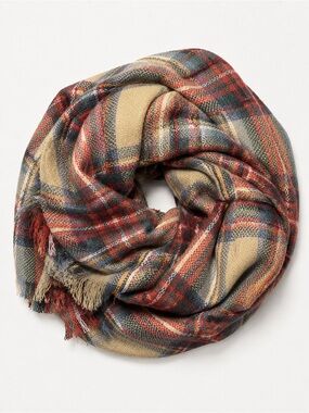 Women’s Oversized Plaid Blanket Scarf – Red Tan Gray Fringe Wrap